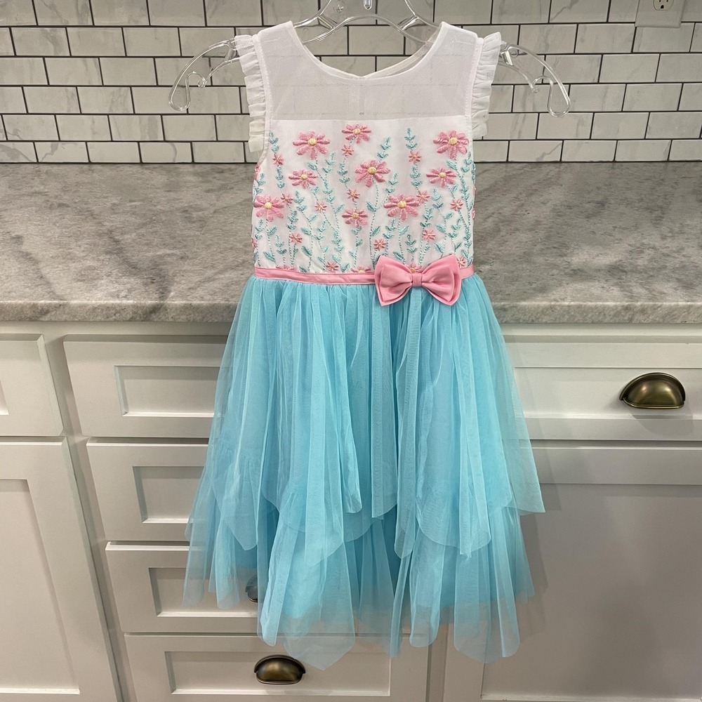 Jona Michelle Dress Girls 6 Blue Floral Embroidered Tulle Tutu Party Wedding‎